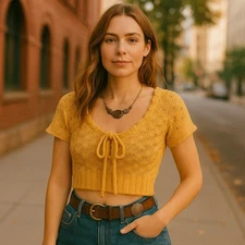 Topin Chunky Knit Short Sleeve Lace Tie Knit Sweater Top Sz S