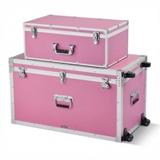 VEVOR Metal Storage Trunk Set of 2 Wooden Suitcase Storage Boxes Padlocks Pink