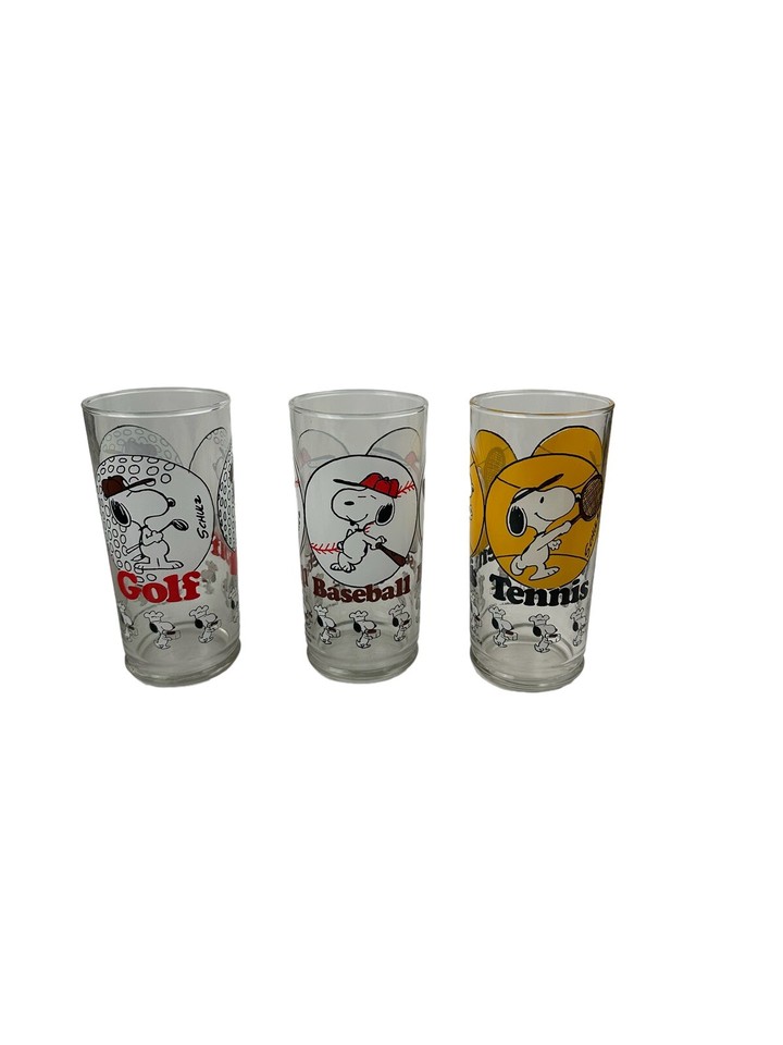 3 Vintage Snoopy Sports Drinking Glasses Tennis Golf & Baseball eBay