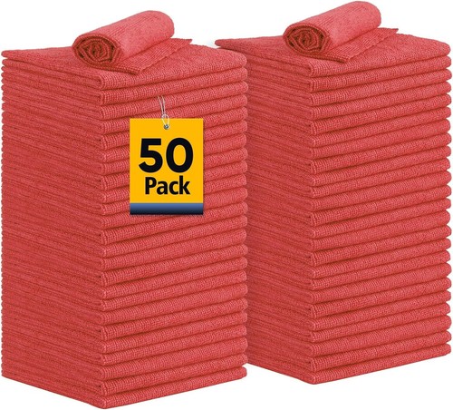 50 Pack Industrial Reusable Shop Towels Rags Microfiber Cleaning Red ...