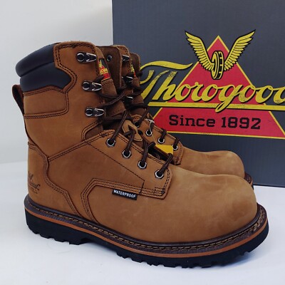 Thorogood Work Boots Mens Size 9.5 M 8'' Plain Toe Brown Comp Toe 804-3237 WP EH