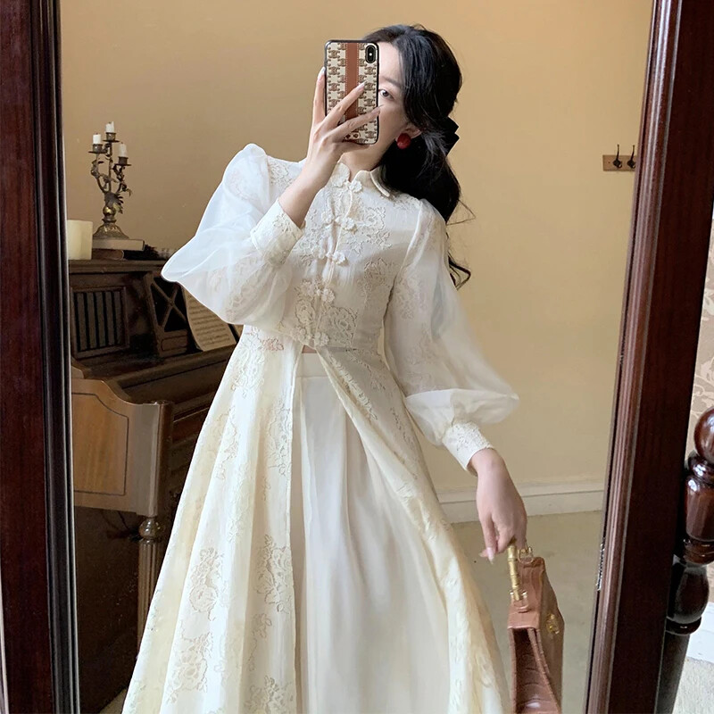 Sexy Vestidos Largos de Encaje Qipao Estilo Francés de Dos Piezas para Mujer Cheongsam Chino