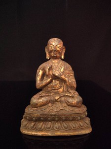 Chinese Antique Qing Dynasty Gilt Lacquered Bronze Seated Guru Statue