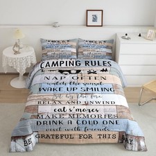 Camping Rules Bedding, Rustic Farmhouse Comforter Set Vintage Rv Camper Quilt...
