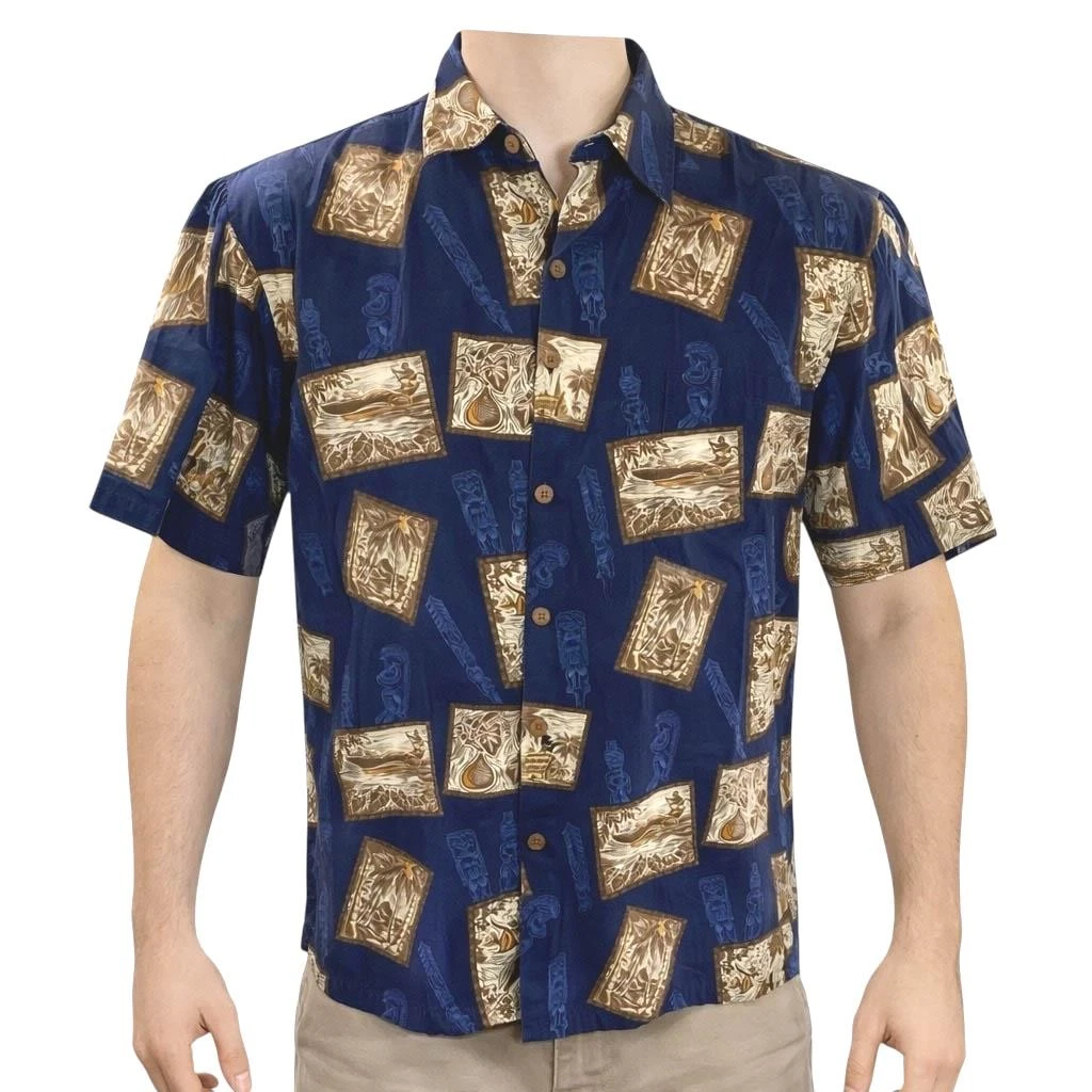 Hilo Hattie Hawaiian Aloha Shirt Medium Tribal Boats Palms Blue Brown