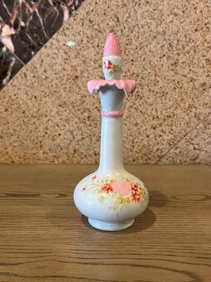 Vintage Hand-Painted Porcelain Perfume Bottle White Pink Floral Heart Signed 8''