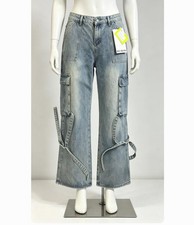 Light Blue Baggy Cargo Jeans Women Wide Leg Denim Pants with Side Straps