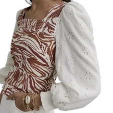 New Anthropologie Love The Label Smocked Puff-Sleeve Blouse Size M MSRP $160