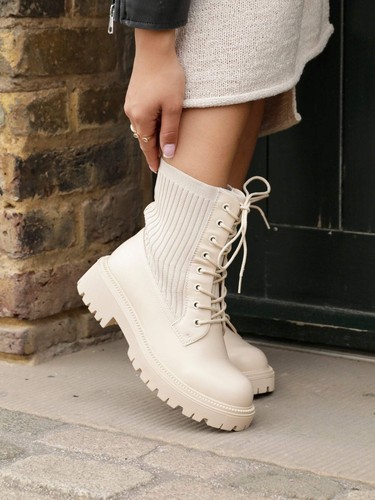 Womens Beige Faux Leather And Knit Chunky Military Boots