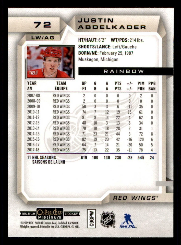 2018-19 O-Pee-Chee Platinum Rainbow #72 Justin Abdelkader - Image 2 of 2