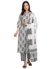 Women's White Pure Cotton Kurta with Pant and Dupatta
