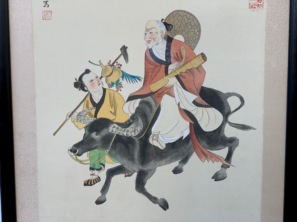 ANTIGUA PINTURA FOLCLÓRICA CHINA ASIÁTICA ANTIGUA ZIQI Y BOYA HOMBRE SABIO VIAJERO EN OX Foto 3 de 4