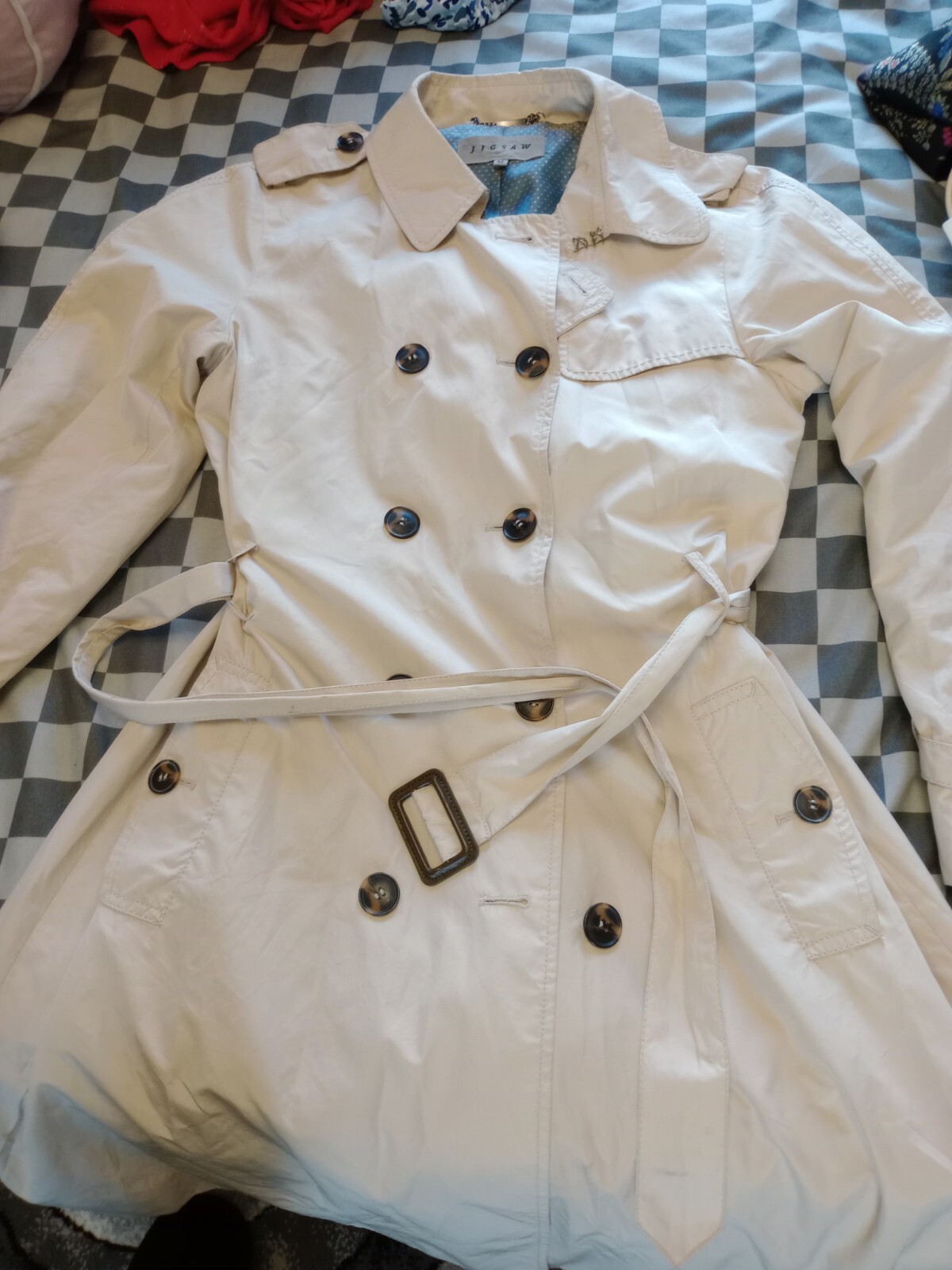 Jigsaw Ladies Trench Coat Rain Mac Sz12 Belted Beige 10 Button Closure Pockets