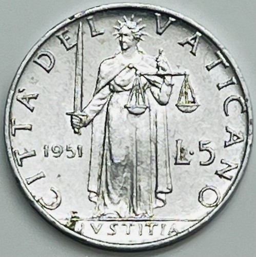 1951 Vatican City 5 Lire KM# 51.1 Circulated Condition