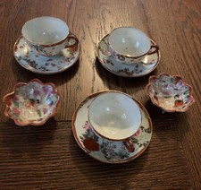 3 Floral Japanese Miniature Tea Cups, Saucers and 2 Small Dishes-8 Pieces total