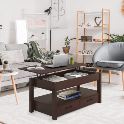2 Drawer Lift Top Coffee Table with Hidden Compartment & Storage Shelve Espresso