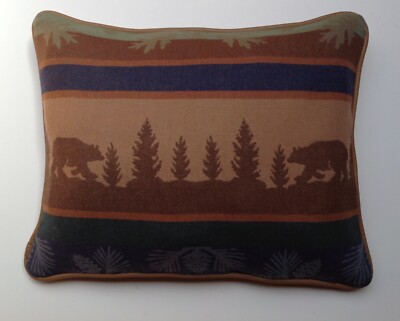 18''x22'' Wool & Camel Leather Wilderness Scene Pillow  ''Made w/Pendleton  Fabric''