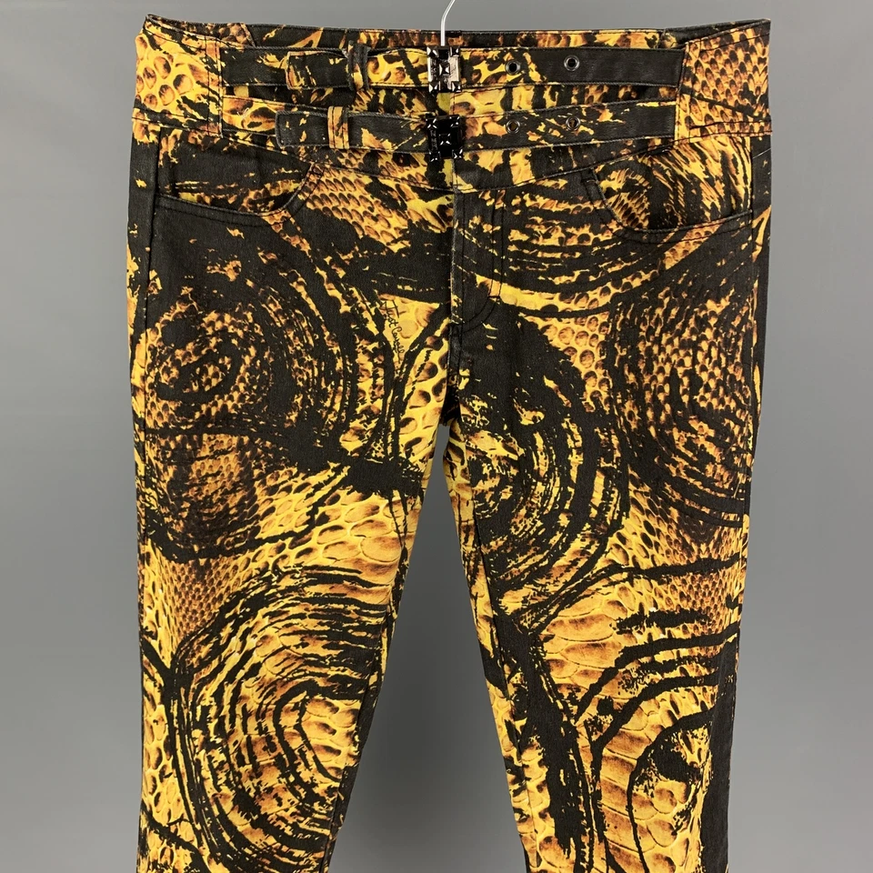JUST CAVALLI Size 29 Yellow Black Graphic Print Cotton Zip Casual Pants - Image 2 of 4