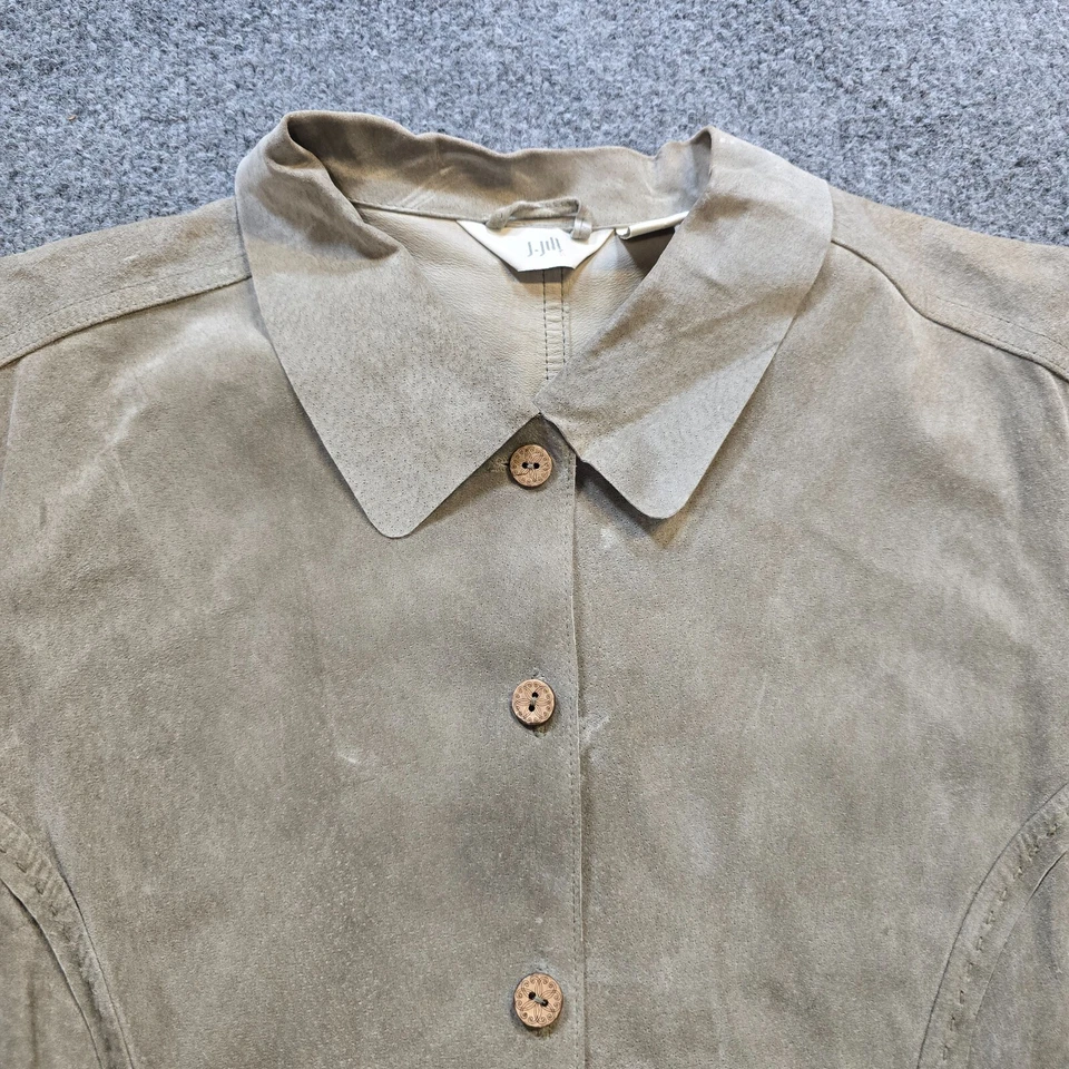 Top vintage Jill para mujer talla grande gris verde gamuza cuero botón manga larga Foto 2 de 4