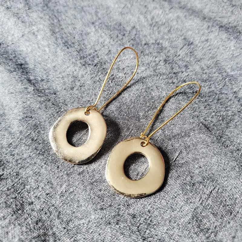 Handmade Gold Circle Upcycled Earrings, gold tone kidney wires