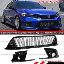 For 22-24 Civic Gloss Blk Front Lower Grill + Fog Light Bezel Cover Replacement