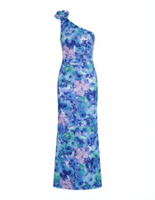 Eliza J Printed Rosette Asymmetric One-Shoulder Gown Floral Blue 8
