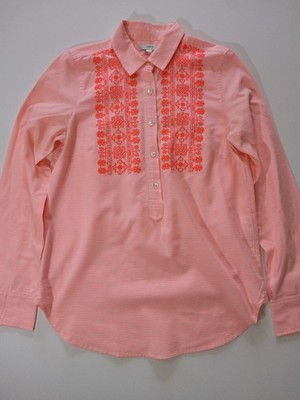 J.Crew Button Down Shirt Womens 4 Pink White Stripe Neon Embroidered Preppy Boho