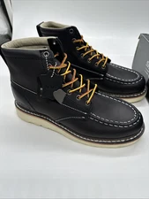 7.5 Black Moc Toe Boots Men 6 inch, Top grain Leather Soft Toe Slip-Resistant