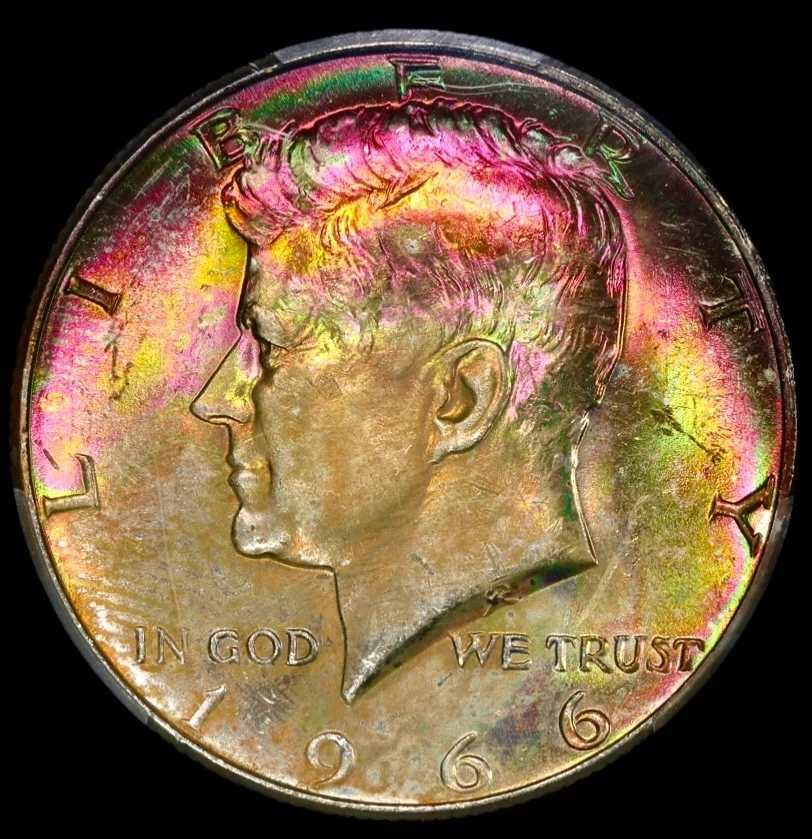 Medio dólar Kennedy 1966 40 % plata graduación profesional SP65 SMS magnífico color tono arco iris Foto 3 de 4