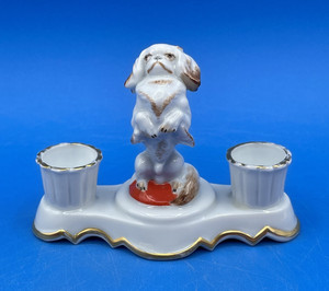UNUSUAL ROSENTHAL GERMANY PORCELAIN PEKINGESE DOG FIGURINE ON CANDLEHOLDER, 1931