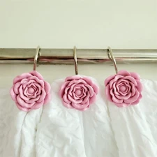 Pink Rose Shower Curtain Hooks Set of 12 Pink Rose Flower Shower Rings Pack o...