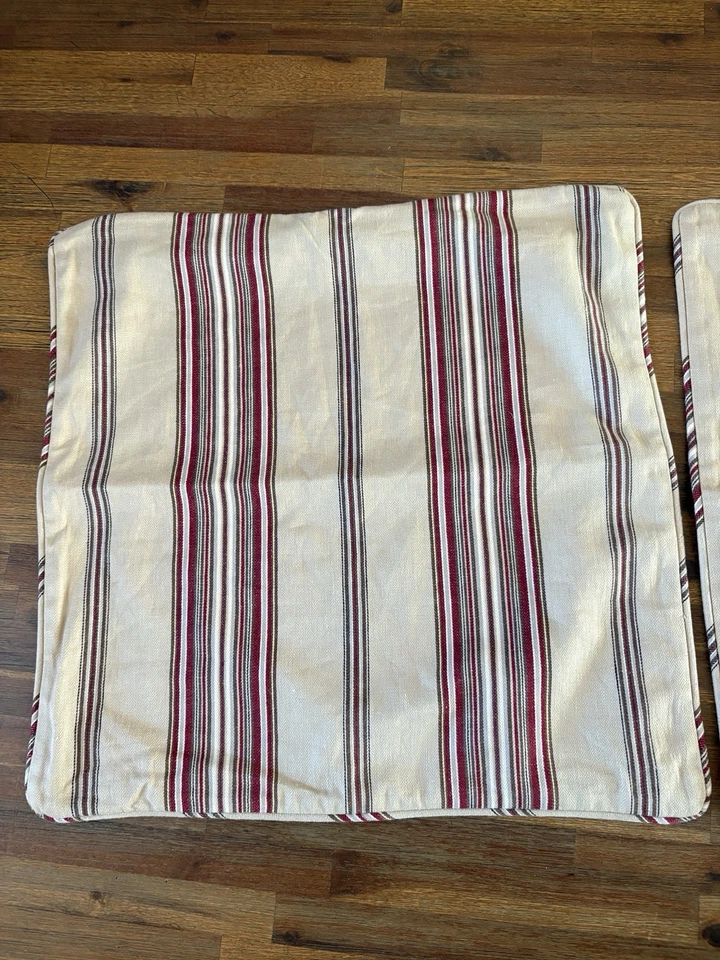 TWO Pottery Barn Pillow Cover Hudson Stripe Maroon Beige Brown Gray 20" - Image 3 of 4