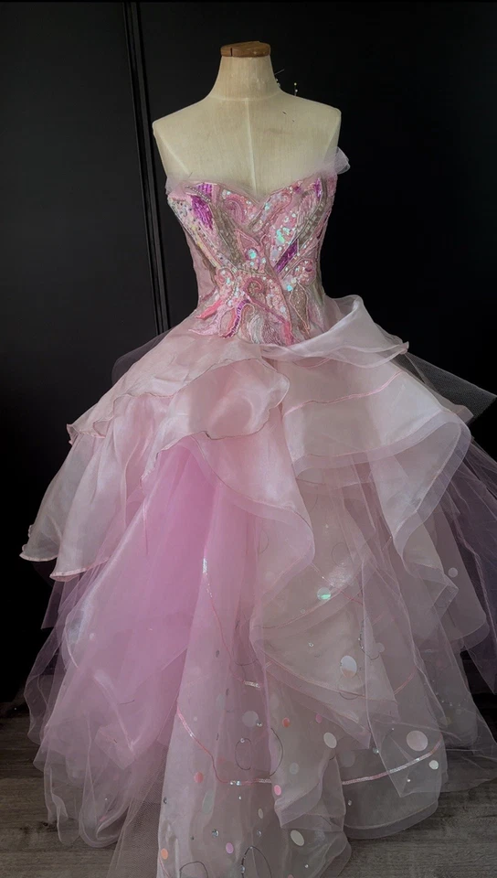 Vestido de película Glinda From Wicked cosplay incluye corsé y corona con cuentas a mano Foto 2 de 4