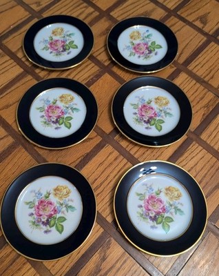 Set Of 6 Rosenthal 6.25'' Plates Hand-Painted Cobalt blue rim flower bouquet gold