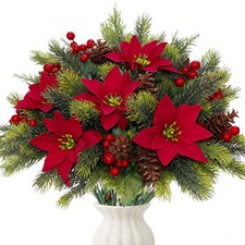 8PCS Artificial Flowers Bouquet Christmas Floral Poinsettia Pine Cones Red Be...