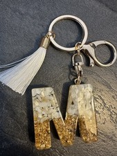 Resin Initial M Keychain Gold Foil White Chips Keyring Tassel Bag Charm