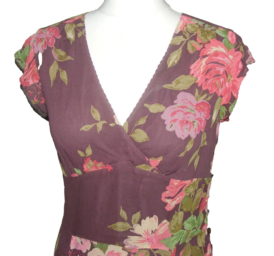 Laura Ashley pure silk tea dress 1940s sz 10 midi cap sleeve purple floral print - Image 2 of 4