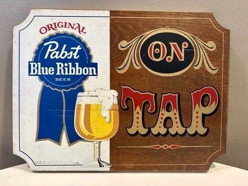 1960’s VINTAGE ADVERTISING PBR PABST BLUE RIBBON Beer ON TAP painted wood sign