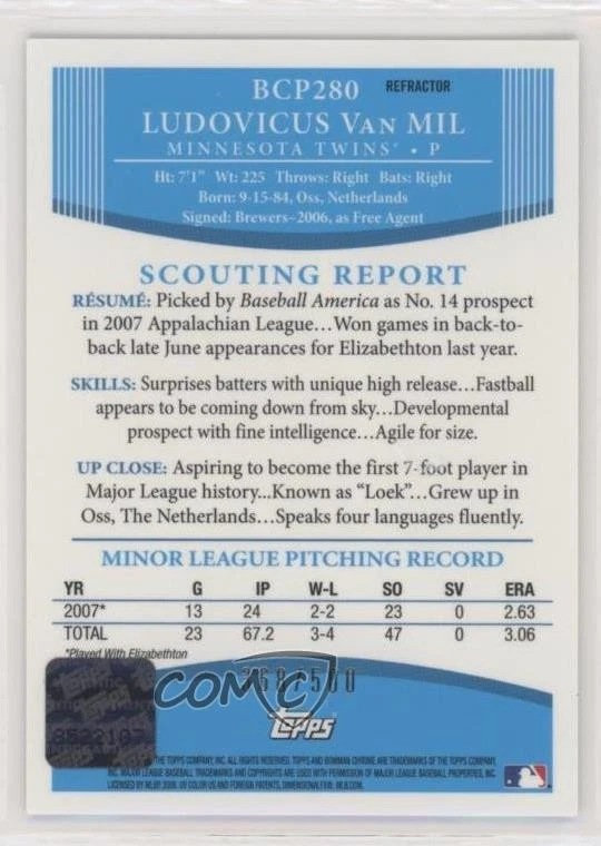 2008 Bowman Chrome Prospects Prospect Refractor /500 Loek Van Mil Rookie Auto RC - Image 2 of 2