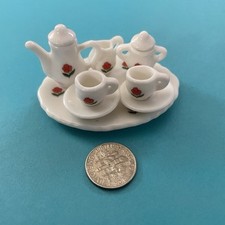 Vtg Dollhouse Mini Bone China Tea Set Service Cups Plates Red Tulip Floral
