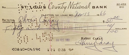Harry Caray & Chris Caray Signed Check from 1966 in St. Louis - Picture 2 of 3