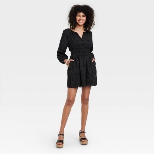 Universal Thread Eyelet Mini Dress Long Sleeves V-Neck Casual Summer Boho Style