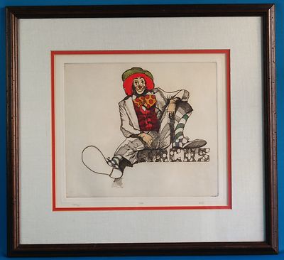 Vintage Circus Clown ''Corky'' Hand Colored LE Etching Signed by Leigh