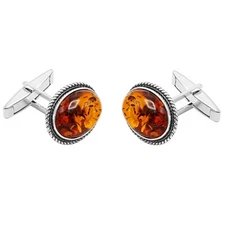 925 Solid Sterling Silver Natural Cognac Baltic Amber Oval Filigree Cufflinks