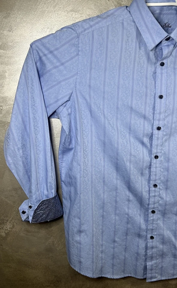Camisa de vestir TASSO ELBA para hombre L azul cachemira a rayas puño abatible manga larga botón Foto 4 de 4