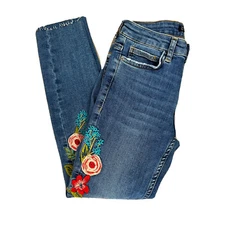 Zara Women’s Jeans Sz 8 Boho Embroidered Skinny Raw Hem Mid Wash Blue