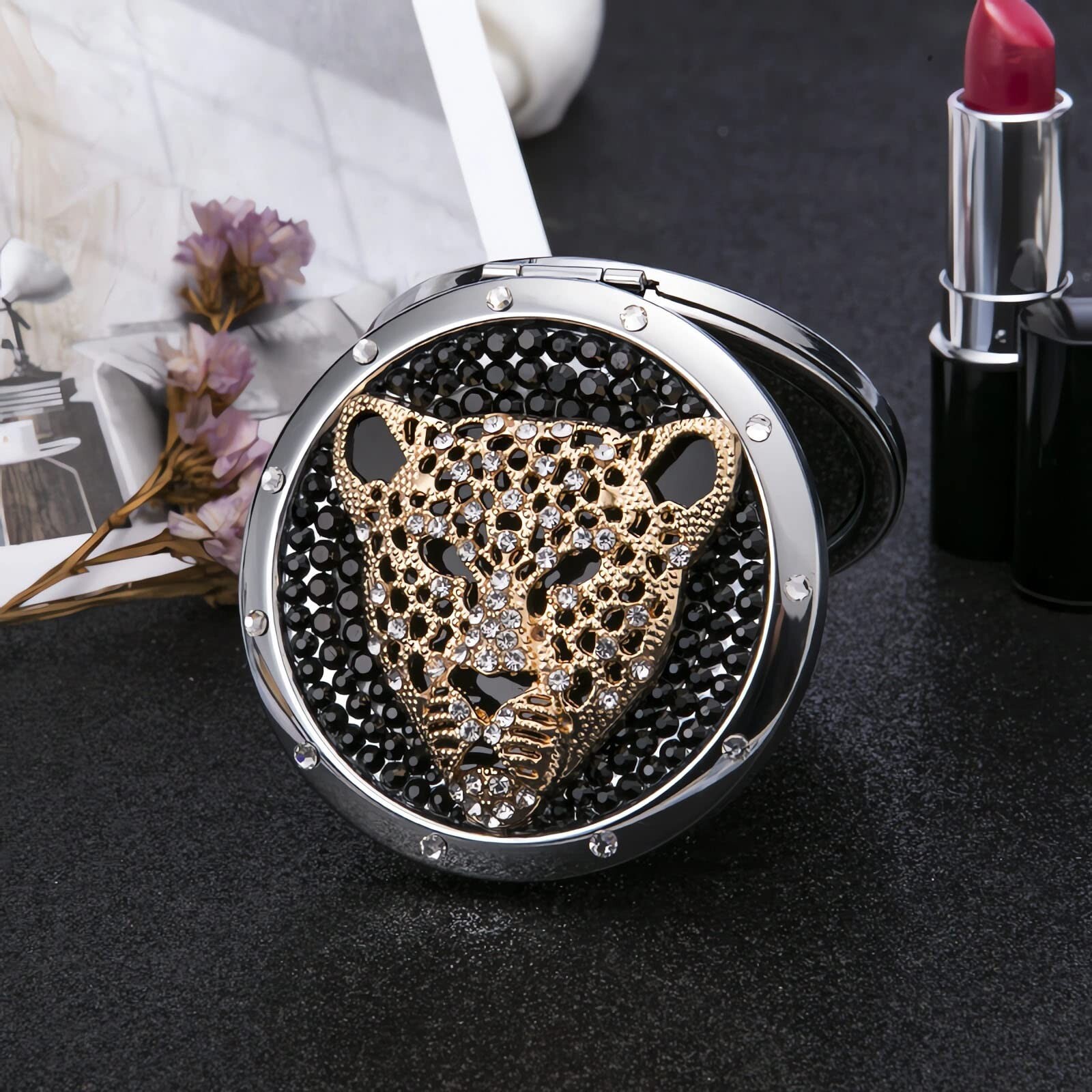 Portable 2-Sided Magnifying Travel Mirror with Rhinestone Leopard Design