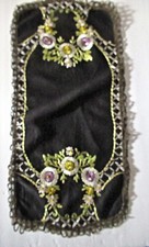 Vtg Table Runner 22 1/2" Black Hand Embroidered Silk Flowers Green Copper Gold