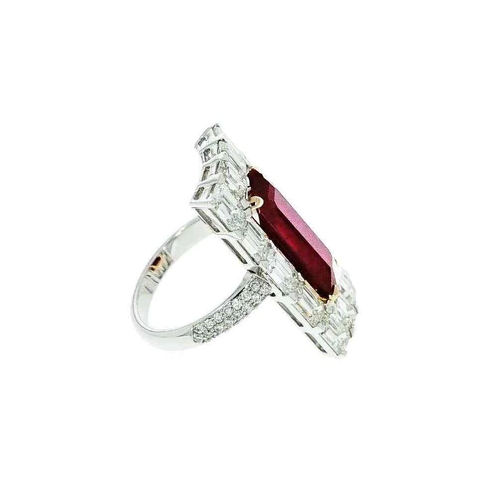 12 CT Red Ruby Emerald Cut & White CZ Round Cut 925 Silver Women's Cocktail Ring - Image 2 of 4