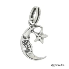 Antique Sterling Silver Moon Star Charm Pendant Bead with Split Ring #97786